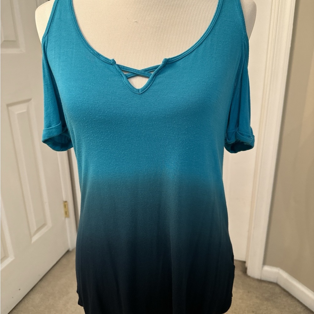 Rock & Reublic Teal and Black Ombre Open Shoulder Top S